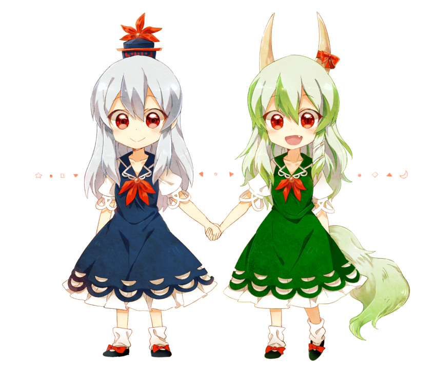 2girls blue_dress blue_hair bow commentary_request dress dual_persona ex-keine fang full_body green_dress green_hair hat highres horn_ribbon horns kamishirasawa_keine long_hair looking_at_viewer multiple_girls open_mouth puffy_short_sleeves puffy_sleeves red_eyes ribbon short_sleeves simple_background six_(fnrptal1010) smile socks tail touhou vest white_background white_legwear