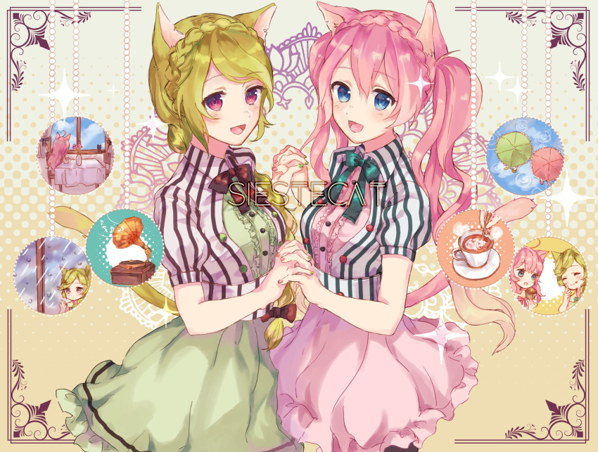 ahoge animal_ears blue_eyes bow braid cat_ears cat_tail center_frills copyright_name cup framed green_hair green_nails green_skirt hair_bow highres holding_hands hoonyan interlocked_fingers kisaragi_kozue muffin nail_polish neck_ribbon nekoremon open_mouth pantyhose phonograph pink_hair pink_nails pink_skirt plate rain red_eyes ribbon shirt sieste_cat single_braid skirt smile sparkle striped striped_shirt table tail teacup twintails umbrella vase