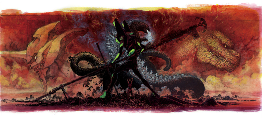 anno_hideaki april_fools armor beam bodysuit breath creator_connection crossover dinosaur eva_01 full_armor full_body glowing godzilla godzilla_(series) gun holding holding_weapon horn huge_weapon letterboxed monster neon_genesis_evangelion no_humans official_art rifle standing weapon