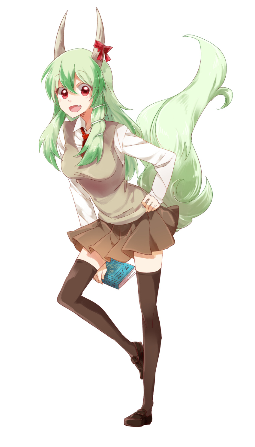 1girl blush book bow bowtie brown_legwear commentary_request ex-keine fang full_body green_hair highres horn_ribbon horns kamishirasawa_keine long_hair long_sleeves looking_at_viewer miniskirt necktie open_mouth red_eyes ribbon school_uniform shoes simple_background six_(fnrptal1010) skirt smile solo sweater tail thigh-highs touhou vest white_background zettai_ryouiki