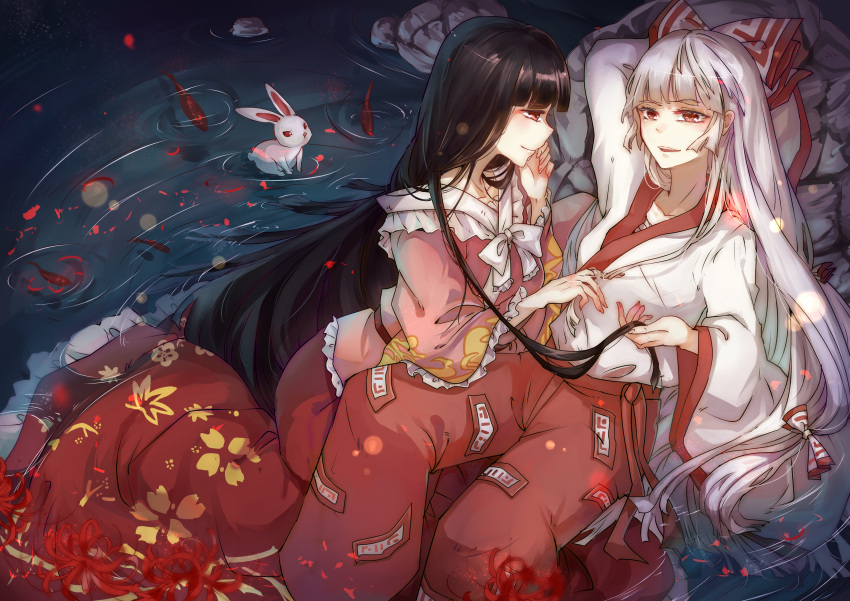 2girls absurdres adapted_costume aili_(aliceandoz) arm_behind_head bangs black_hair blunt_bangs bow collar couple fish frilled_collar frilled_shirt frilled_skirt frills fujiwara_no_mokou hair_bow hand_on_own_cheek highres hime_cut holding_another's_hair houraisan_kaguya japanese_clothes leaf leaf_print light_particles long_hair long_skirt long_sleeves looking_at_another lying maroon_skirt moon_print multiple_girls on_side open_mouth pants partially_submerged pink_shirt playing_with_another's_hair red_eyes red_pants ripples rock sarashi shiny shiny_hair shirt silver_hair sitting skirt smile suspenders suspenders_slip touhou very_long_hair water white_shirt wide_sleeves yuri