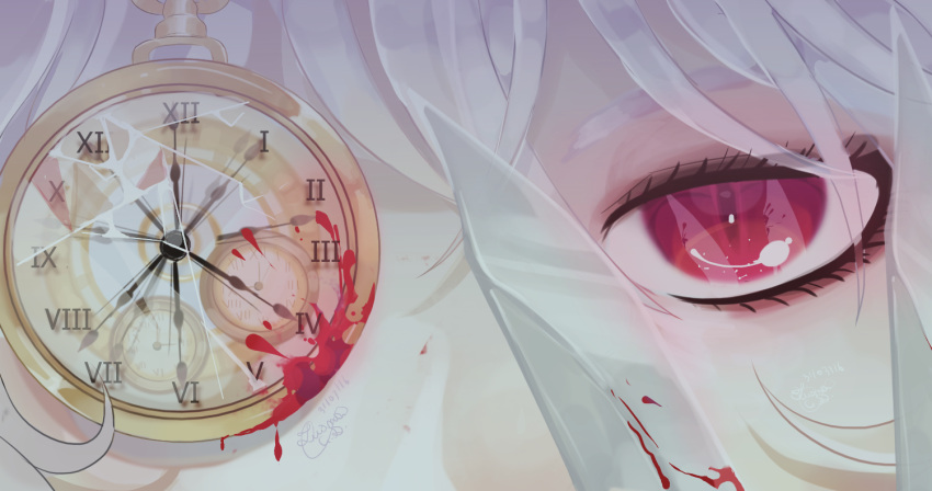 1girl blood blood_drip bloody_knife clock_hands cracked_glass dated eyebrows eyelashes face hair_between_eyes holding_knife izayoi_sakuya knife looking_at_viewer lummy_(merry_dial) one_eye_covered pocket_watch red_eyes reflective_eyes roman_numerals signature silver_hair solo touhou watch