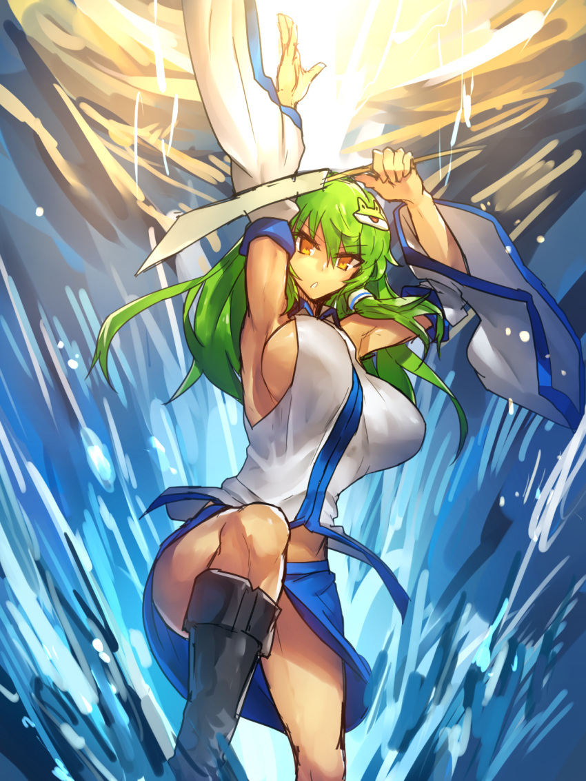 &gt;:o 1girl :o armpits arms_up bare_shoulders breasts commentary_request detached_sleeves frog_hair_ornament green_hair hair_ornament hair_tubes highres japanese_clothes kochiya_sanae large_breasts long_hair looking_at_viewer miko oonusa sideboob snake_hair_ornament solo temmasa22 touhou water wide_sleeves yellow_eyes