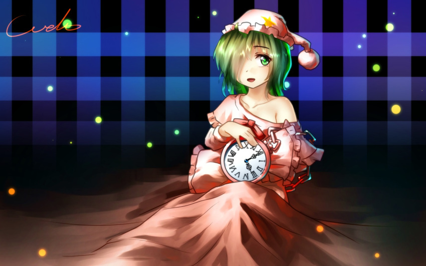 1girl bed_sheet black_background blue_background bow clock frilled_capelet frilled_pillow frills green_eyes green_hair hair_over_one_eye hat kazami_yuuka kazami_yuuka_(pc-98) light_particles long_hair long_sleeves night_clothes nightcap nightgown off_shoulder pillow plaid plaid_background roman_numerals signature sitting solo star_print touhou touhou_(pc-98) u-eruto