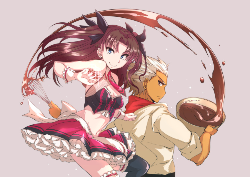 1boy 1girl archer bangs bare_shoulders between_fingers black_hair black_legwear blue_eyes bowl breasts chef_uniform chocolate cleavage cleavage_cutout dark_skin fate/grand_order fate/stay_night fate_(series) frilled_skirt frills gem grimjin hair_ribbon heart long_hair looking_at_viewer looking_back midriff navel necktie parted_bangs purple_skirt ribbon serious skirt sleeveless smile spiky_hair thigh-highs toosaka_rin twintails two_side_up valentine whisk white_clothes white_hair wrist_cuffs yellow_eyes zettai_ryouiki