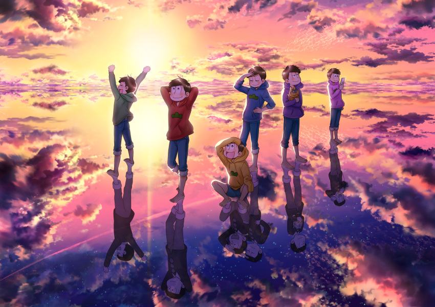 6+boys ^_^ age_comparison animal arms_behind_head arms_up back barefoot black_eyes black_hair blue_pants blush brothers cat clenched_hands closed_eyes closed_mouth clouds condensation_trail day_and_night different_reflection esper_nyanko hand_on_own_head heart heart_in_mouth highres holding_cat holding_phone hood hood_down hoodie legs_apart lens_flare long_sleeves looking_up male_focus matsuno_choromatsu matsuno_ichimatsu matsuno_juushimatsu matsuno_karamatsu matsuno_osomatsu matsuno_todomatsu multiple_boys night night_sky osomatsu-kun osomatsu-san pants pants_rolled_up reflection sextuplets shading_eyes shirt siblings sky sleeves_past_wrists squatting standing standing_on_liquid star_(sky) string_phone sun track_pants twilight wind yuuno_(yukioka)