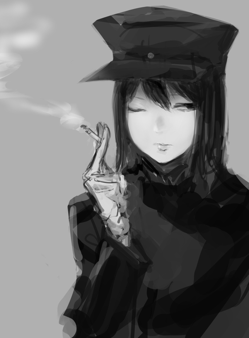 absurdres akitsu_maru_(kantai_collection) bangs cigarette commentary_request faux_traditional_media gloves hair_between_eyes hat highres hometa kantai_collection looking_to_the_side military military_hat military_uniform one_eye_closed peaked_cap smoke solo uniform