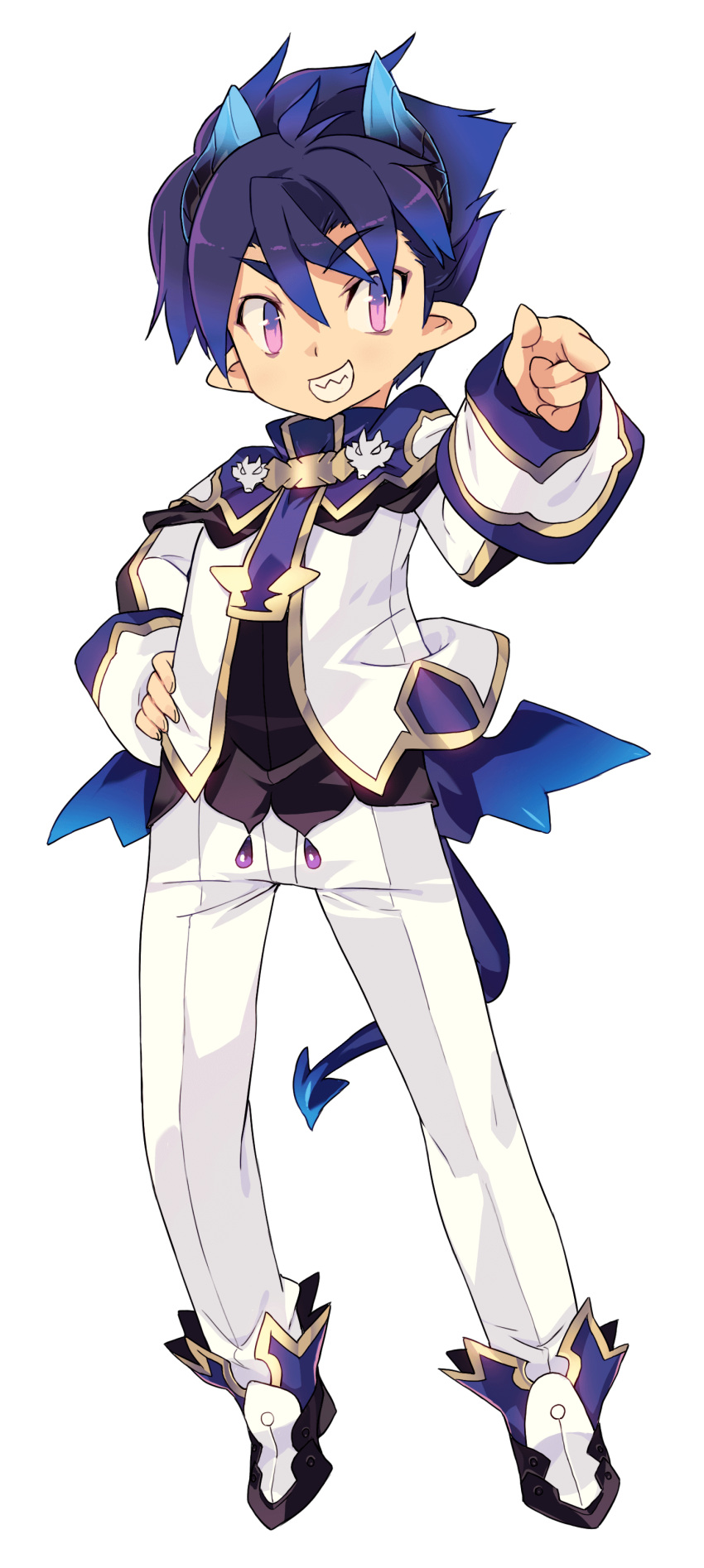 1boy absurdres blue_hair blush demon_boy demon_tail demon_wings grin highres horns male_focus official_art pop-up_story sharp_teeth smile solo tail teeth transparent_background violet_eyes wings ziz_glover