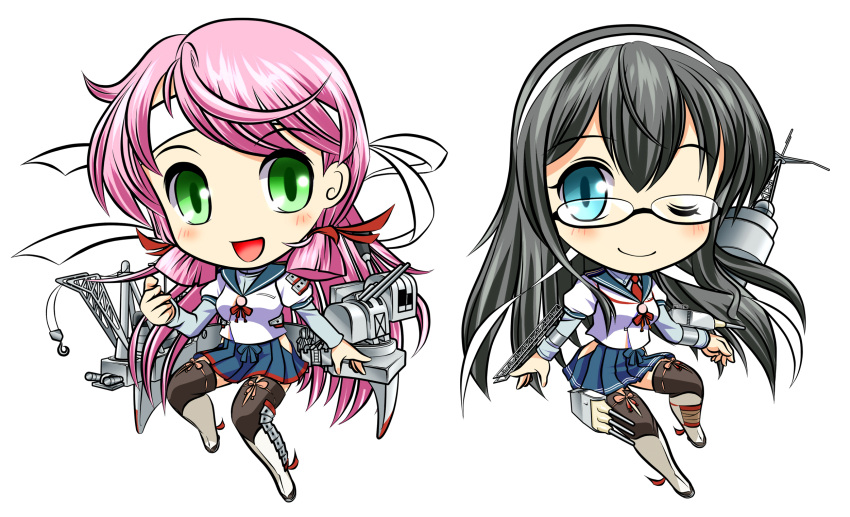 2girls aircraft_catapult akaguro-san akashi_(kantai_collection) armor bandana black_hair blue_eyes blue_skirt cannon chibi commentary_request crane glasses green_eyes hair_ribbon hairband highres hip_vent kantai_collection long_hair long_sleeves multiple_girls one_eye_closed ooyodo_(kantai_collection) open_mouth pink_hair pleated_skirt radio_antenna ribbon school_uniform semi-rimless_glasses serafuku skirt smile thigh-highs tress_ribbon turret twintails under-rim_glasses