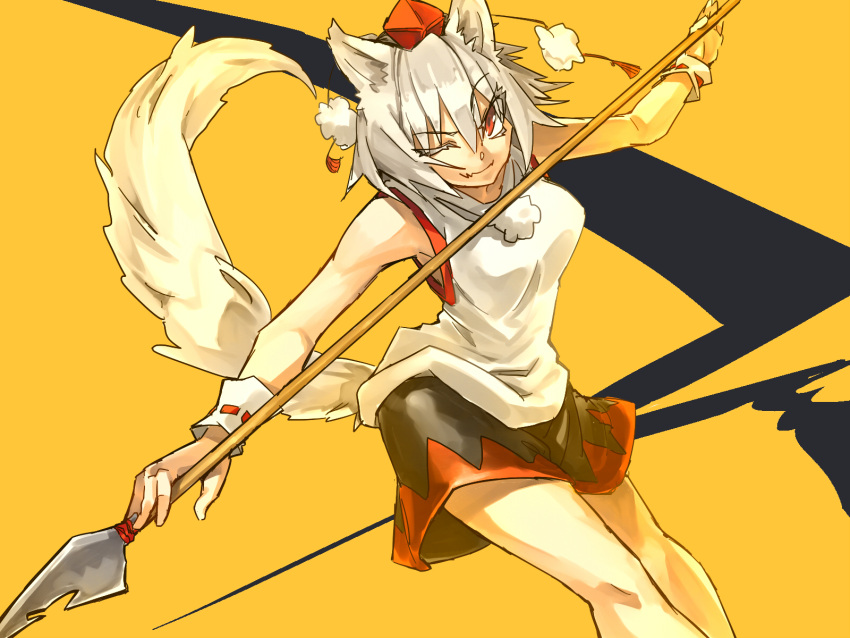 1girl ;) animal_ears bare_shoulders commentary_request cowboy_shot hat highres inubashiri_momiji looking_at_viewer one_eye_closed polearm pom_pom_(clothes) red_eyes short_hair silver_hair sleeveless smile solo spear tail temmasa22 tokin_hat touhou weapon wolf_ears wolf_tail wrist_cuffs