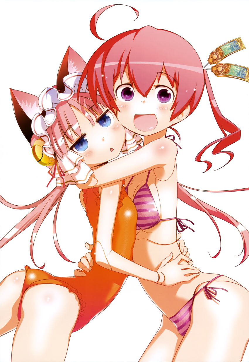 2girls :d absurdres ahoge android animal_ears bikini blue_eyes breast_press cat_ears clarion cyborg doll_joints happy highres hug koukaku_no_pandora long_hair multiple_girls nanakorobi_nene official_art one-piece_swimsuit open_mouth pink_hair redhead smile swimsuit triangle_mouth violet_eyes white_background yuri