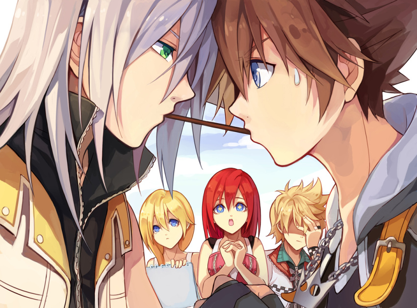 +_+ 2girls 3boys :o blonde_hair blue_eyes brown_hair eye_contact facepalm fujoshi green_eyes grey_hair jacket kairi_(kingdom_hearts) kingdom_hearts kingdom_hearts_ii kllsiren looking_at_another multiple_boys multiple_girls namine pocky pocky_kiss redhead riku roxas shared_food sketchbook sora_(kingdom_hearts)