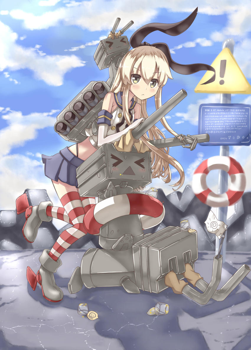 &gt;_&lt; 1girl :&lt; absurdres anchor_hair_ornament artist_name blonde_hair blush boots buttons cannon closed_eyes clouds cloudy_sky crop_top dated elbow_gloves full_body gloves grey_eyes hair_ornament hair_ribbon highres hinbackc kantai_collection lifebuoy long_hair looking_at_viewer machinery neckerchief plastic_cup pleated_skirt rensouhou-chan ribbon road_sign school_uniform serafuku shimakaze_(kantai_collection) sign skirt sky sleeveless standing_on_one_leg striped striped_legwear sweatdrop thigh-highs turret