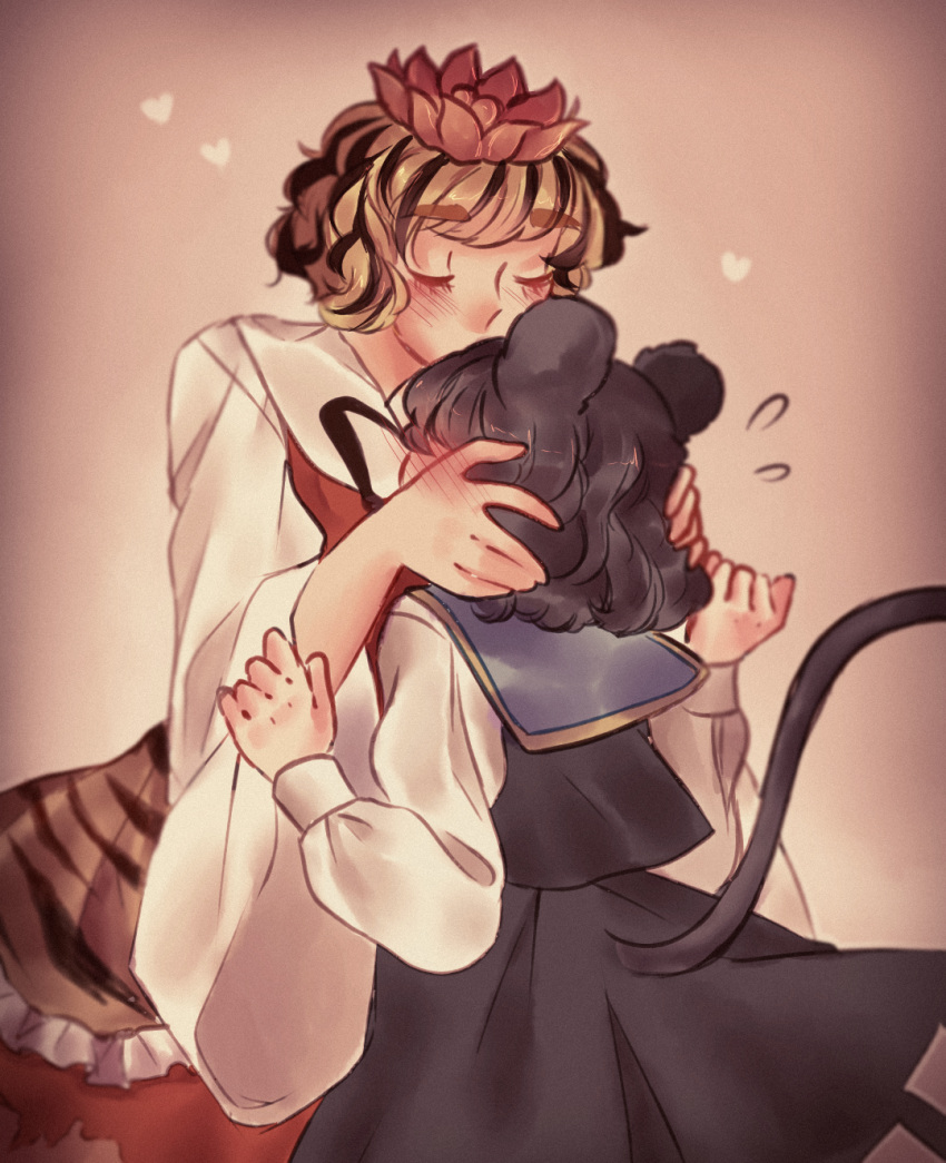 2girls animal_ears blush brown_hair closed_eyes commentary forehead_kiss full-face_blush grey_hair hair_ornament heart highres kiss mouse_ears mouse_tail multiple_girls nazrin orz_(kagewaka) pink_background short_hair simple_background tail toramaru_shou touhou