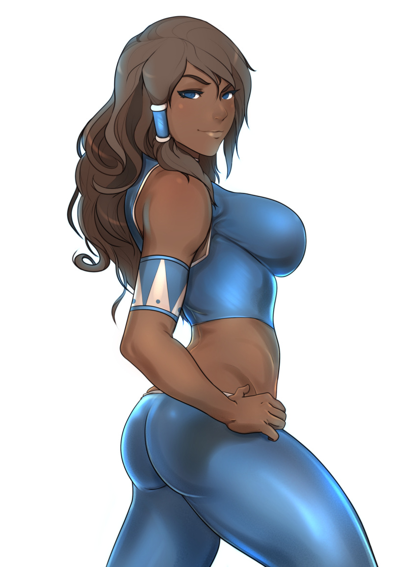 1girl ass avatar:_the_last_airbender bare_shoulders blue_eyes breasts brown_hair dark_skin hand_on_hip highres korra large_breasts lips long_hair looking_at_viewer midriff raised_eyebrow simple_background smile smirk solo superboin the_legend_of_korra thighs white_background
