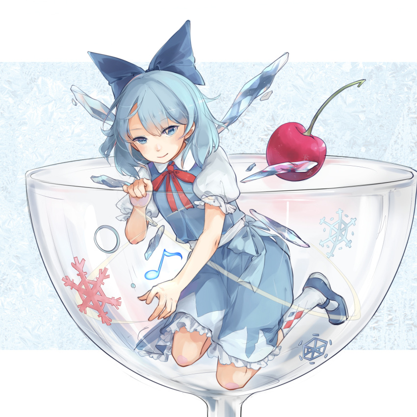 1girl argyle bangs blue_dress blue_eyes blue_hair blue_shoes bow cherry cirno closed_mouth cup dress drinking_glass eyebrows eyebrows_visible_through_hair food frills fruit full_body hair_bow highres ice ice_wings in_container in_cup jewelry kneehighs kneeling looking_at_viewer mary_janes minigirl musical_note neck_ribbon oversized_object puffy_short_sleeves puffy_sleeves quaver red_bow red_ribbon ribbon ring sash shoes short_hair short_sleeves sketch smile snowflakes solo touhou transparent white_legwear wings yorktown_cv-5
