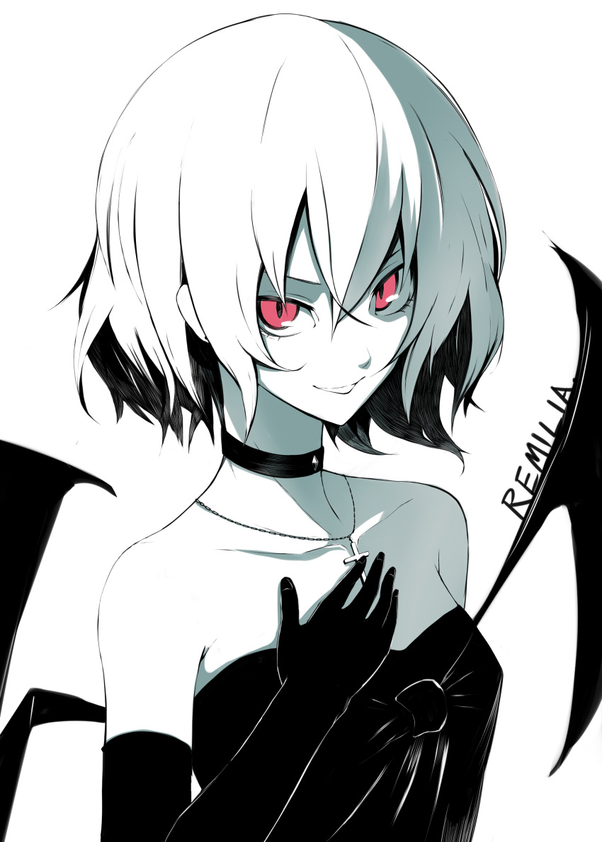 1girl absurdres bare_shoulders bat_wings black_dress black_gloves character_name choker collarbone cross cross_necklace dress elbow_gloves fami_(yellow_skies) gloves highres looking_at_viewer monochrome red_eyes remilia_scarlet short_hair sketch smile solo touhou upper_body white_background white_hair wings