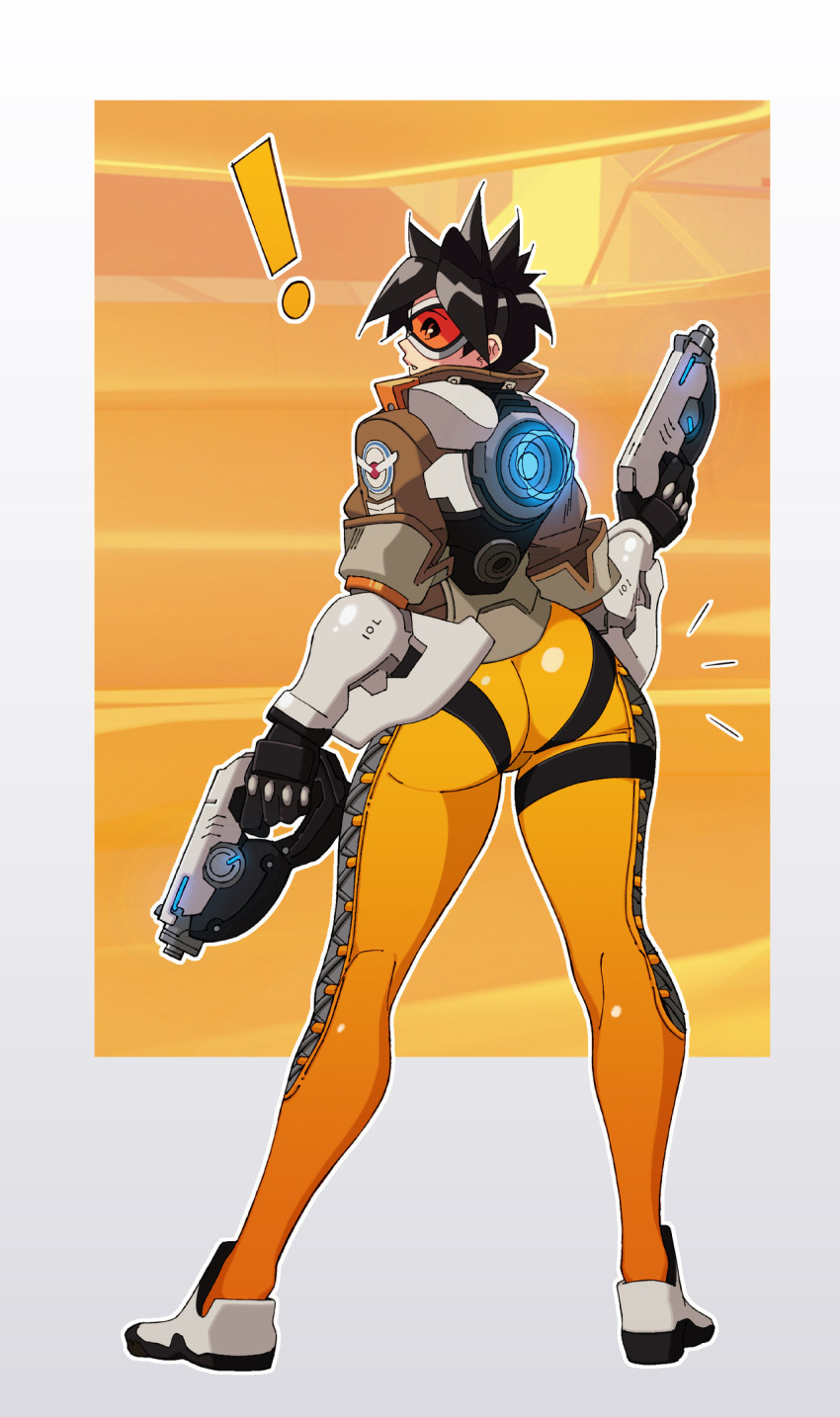 ! 1girl ass black_hair bomber_jacket commentary dual_wielding goggles gun handgun highres jacket legs looking_at_viewer nisego overwatch pistol short_hair solo thighs tracer_(overwatch) weapon