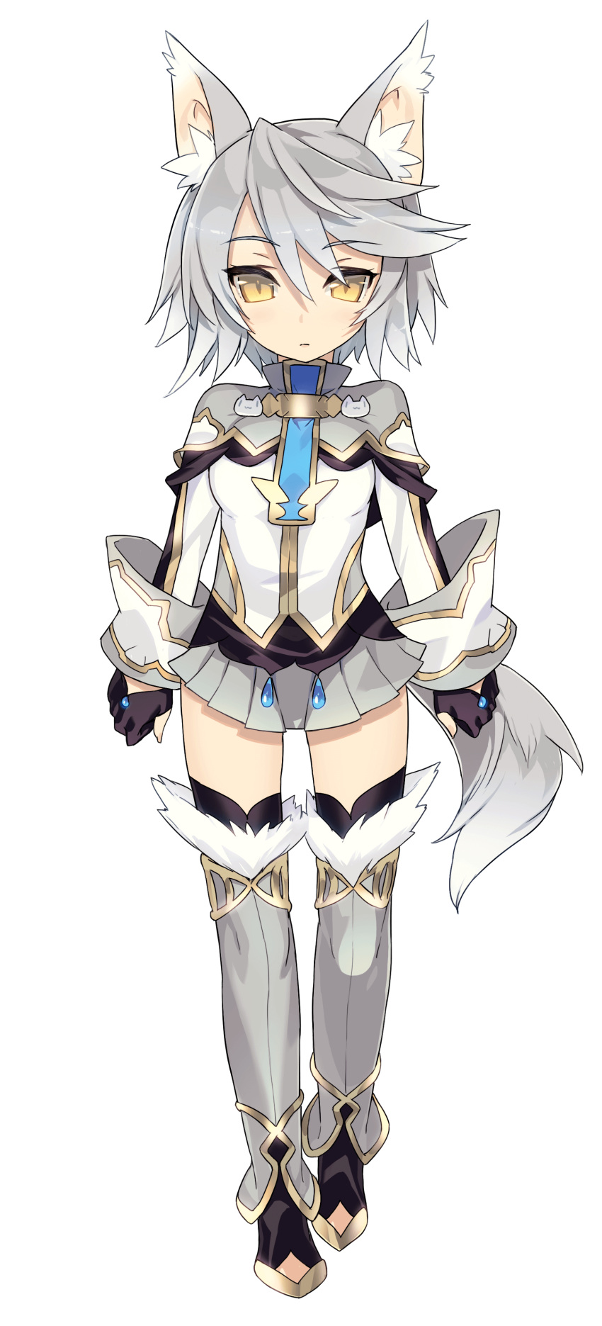 1girl absurdres animal_ears blade_(galaxist) fingerless_gloves gloves grey_hair highres official_art pleated_skirt pop-up_story rita_drake skirt solo tail transparent_background wolf_ears wolf_tail yellow_eyes