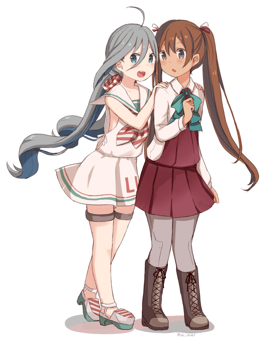 2girls ahoge bare_legs blue_eyes blue_hair boots bow bowtie brown_hair cosplay costume_switch dress grey_eyes grey_hair hair_ribbon hands_on_another's_shoulders highres kantai_collection kiyoshimo_(kantai_collection) kiyoshimo_(kantai_collection)_(cosplay) libeccio_(kantai_collection) libeccio_(kantai_collection)_(cosplay) long_hair looking_at_viewer low_twintails multicolored_hair multiple_girls neckerchief open_mouth pantyhose pleated_skirt ribbon riz_(ravel_dc) sailor_dress school_uniform serafuku skirt skirt_hold sleeveless sleeveless_dress thigh_strap twintails twitter_username