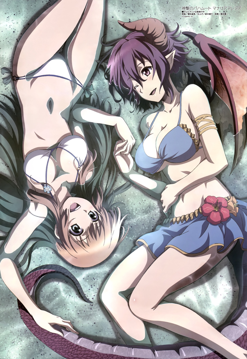 2girls :d ;d absurdres anne_(shingeki_no_bahamut) bikini breasts cleavage dragon_girl dragon_horns dragon_tail dragon_wings grea_(shingeki_no_bahamut) hand_on_own_stomach happy highres holding_another's_tail holding_hands horns long_hair multiple_girls navel o-ring_bottom o-ring_top official_art one_eye_closed open_mouth pointy_ears shingeki_no_bahamut shingeki_no_bahamut:_manaria_friends short_hair smile swimsuit tail under_boob wet wings yin_yang yokomatsu_yuuma
