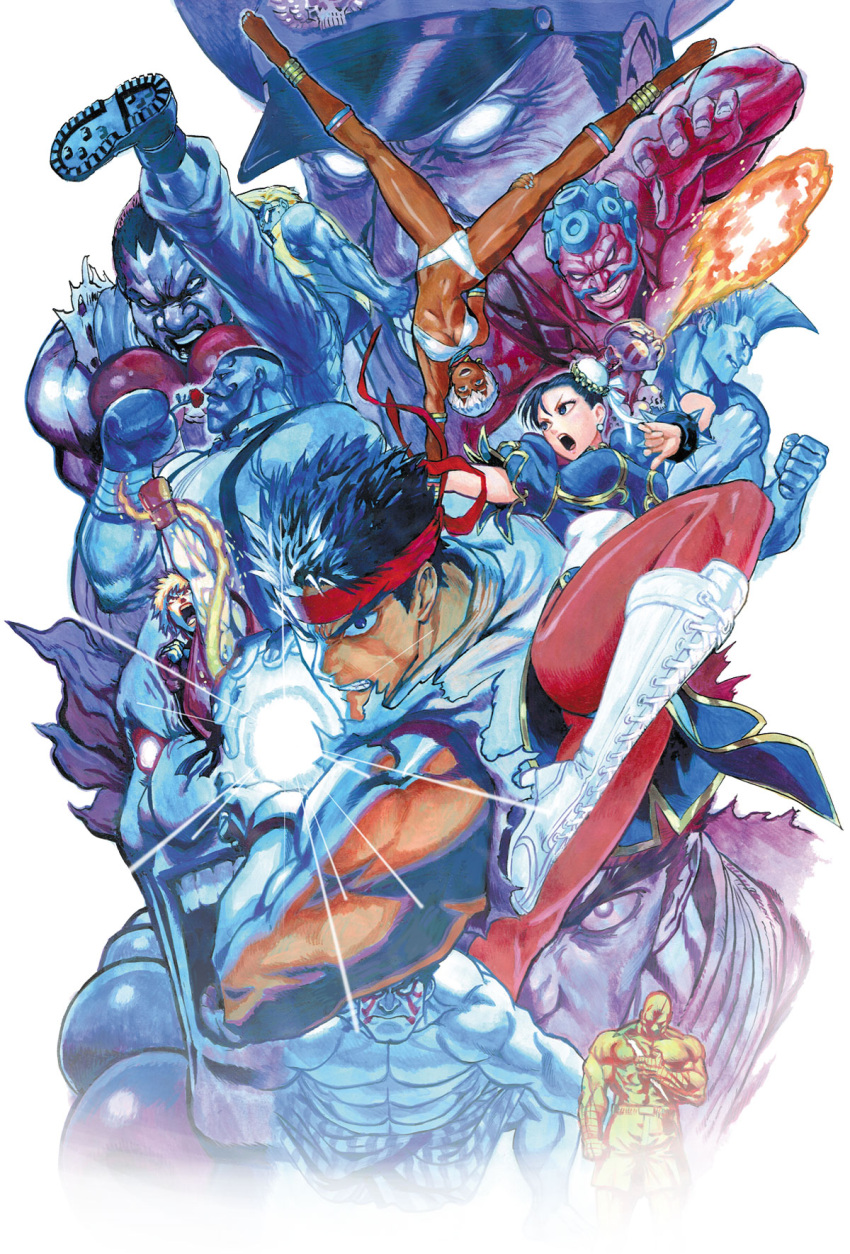 2girls 6+boys abs anklet barefoot bikini blue_eyes blue_hair blue_nails boots boxing_gloves breasts capcom charlie_nash china_dress chinese_clothes chun-li collage cover cover_page cross-laced_footwear dark_skin dhalsim dougi dress dudley edmond_honda elena_(street_fighter) evil_ryuu eyebrows facial_hair fighting_stance fireball flower glowing glowing_eyes gouki guile hadouken hakan handstand headband highres jewelry ken_masters kicking lace-up_boots long_legs m_bison multiple_boys multiple_girls murata_yuusuke muscle mustache nail_polish no_pupils official_art pantyhose red_skin rose ryuu_(street_fighter) sagat shirtless shouryuuken sideburns solo_focus street_fighter street_fighter_the_novel suspenders swimsuit textless thick_eyebrows thighs toenail_polish under_boob uppercut upside-down vega very_dark_skin white_bikini