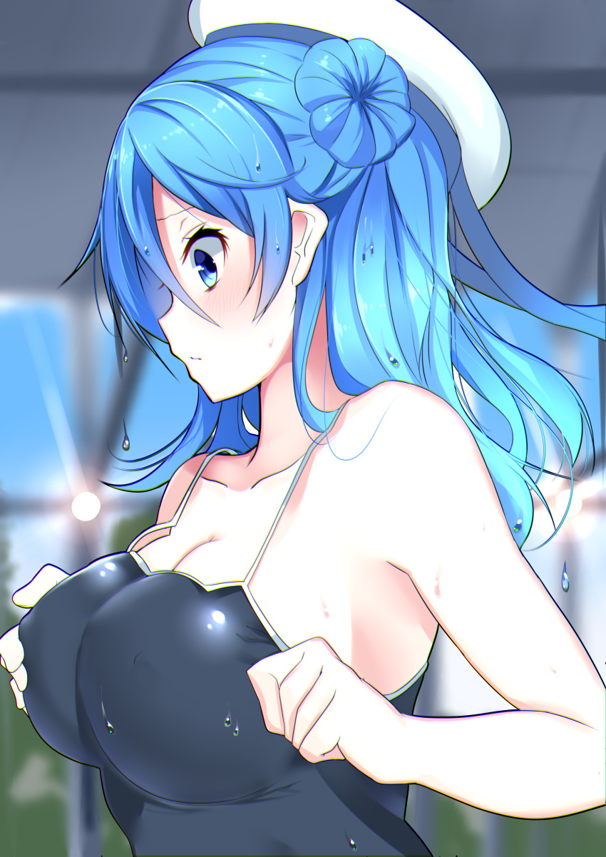 1girl absurdres adjusting_clothes adjusting_swimsuit blue_eyes blue_hair blush breasts cleavage collarbone from_side hair_bun hat highres indoors kantai_collection large_breasts long_hair nebu_soku one-piece_swimsuit solo swimsuit upper_body urakaze_(kantai_collection) wet