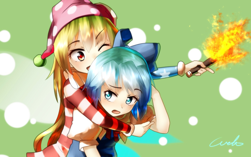 2girls ;d american_flag_shirt bangs blonde_hair blue_dress blue_eyes blue_hair bow cirno clownpiece cocked_eyebrow dress fairy_wings green_background hair_between_eyes hair_bow hand_up hat hug hug_from_behind ice ice_wings jester_cap long_hair long_sleeves looking_at_another multiple_girls one_eye_closed open_mouth outstretched_arm puffy_short_sleeves puffy_sleeves red_eyes ribbon shiny shiny_hair shirt short_hair short_sleeves signature sleeveless sleeveless_dress smile torch touhou u-eruto upper_body very_long_hair white_shirt wings