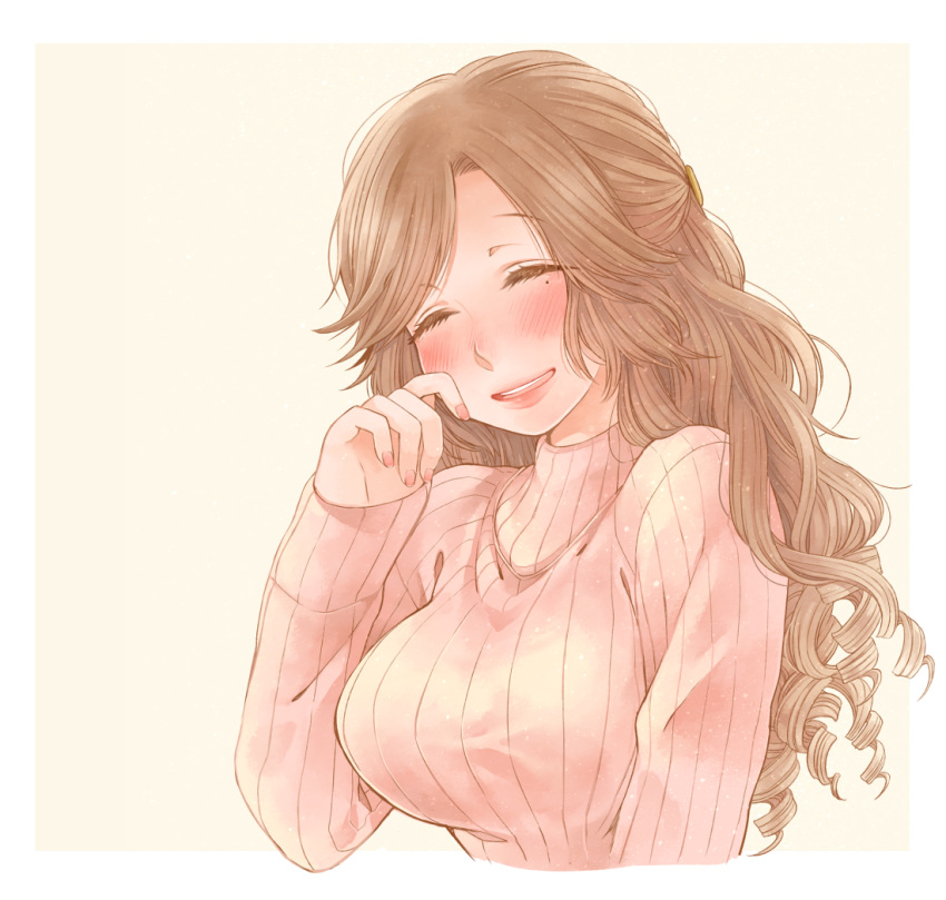 1girl belt blush breasts brown_hair earrings jewelry large_breasts long_hair mole mole_under_eye open_mouth original ribbed_sweater smile solo sweater turtleneck_sweater usami_kanae