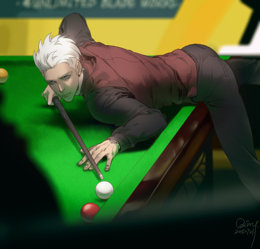 1boy 2016 aiming alternate_costume archer ass back ball bent_over bifanghuanshi billiards black_pants black_shirt blurry closed_mouth cue_ball cue_stick dated depth_of_field fate/stay_night fate_(series) formal grey_eyes highres holding long_sleeves male_focus one_leg_raised pants red_vest shadow shirt signature solo standing_on_one_leg white_hair