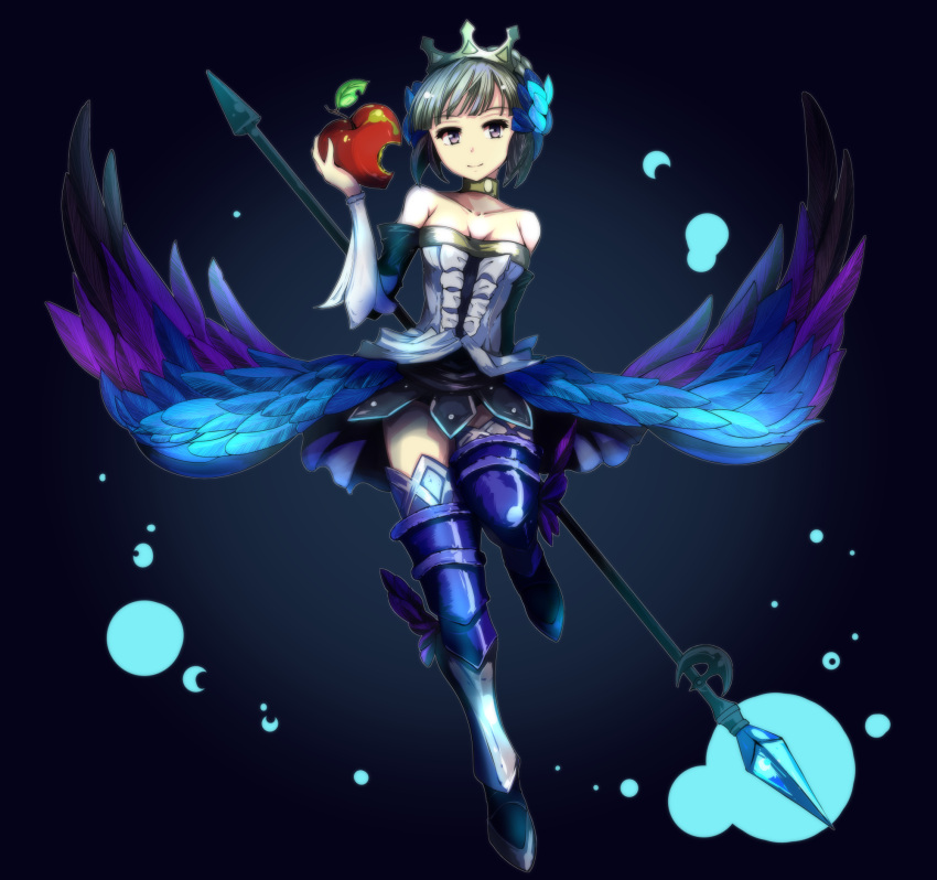 1girl apple armor armored_dress bare_shoulders bite_mark blue_eyes breasts choker cleavage collarbone crown detached_sleeves dress food fruit greaves grimjin gwendolyn hair_ornament heart_shape highres holding holding_fruit low_wings odin_sphere polearm short_hair showgirl_skirt silver_hair sleeves solo spear strapless strapless_dress thigh-highs weapon wings zettai_ryouiki