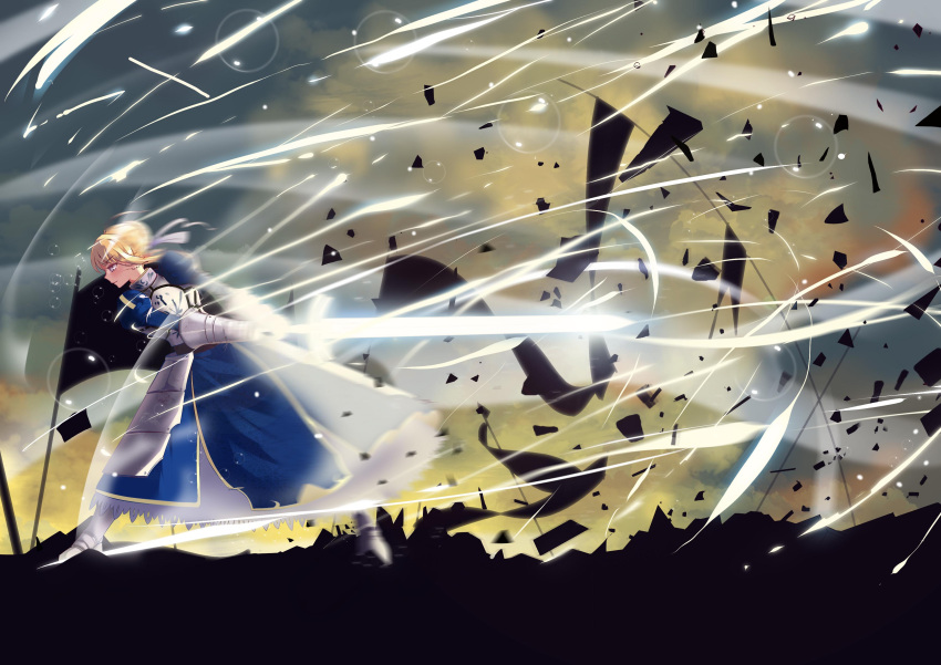 1girl absurdres armor armored_dress banner blonde_hair excalibur fate/stay_night fate_(series) highres invisible_air juliet_sleeves long_sleeves lucky_(1045044604) puffy_sleeves saber solo wind