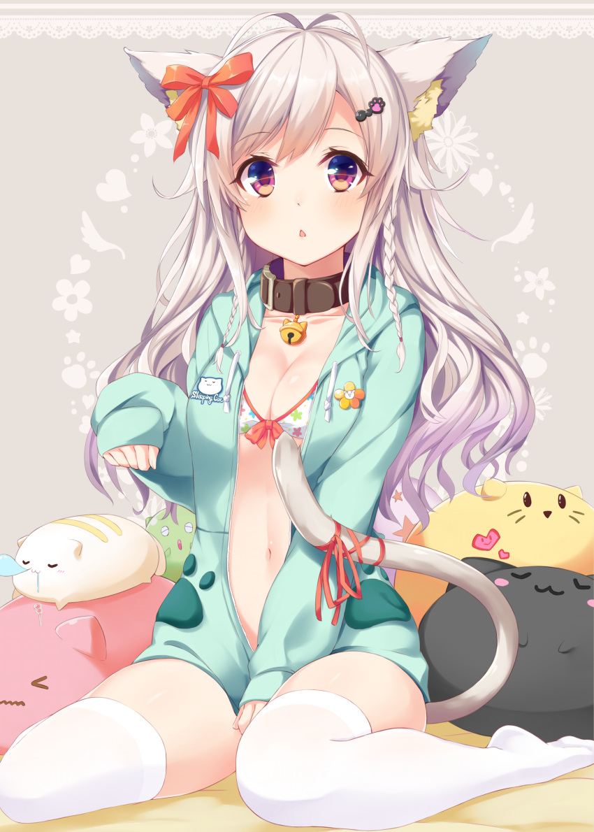 1girl :3 :o absurdres animal_ears antenna_hair bangs bell bell_collar between_legs bikini blush bow braid breasts cat cat_ears cat_girl cat_tail chestnut_mouth cleavage collar covering covering_crotch eyebrows_visible_through_hair floral_background grey_background hair_bow hair_ribbon hand_between_legs heart heart_background highres hood hoodie jingle_bell lace_background long_hair looking_at_viewer multicolored multicolored_eyes navel no_shoes nose_bubble note_(aoiro_clip) open_clothes orange_ribbon original parted_lips paw_background paw_hair_ornament paw_pose red_eyes red_ribbon ribbon silver_hair simple_background sitting sleeping small_breasts solo swimsuit tail tail_ribbon thigh-highs thighs triangle_mouth twin_braids violet_eyes wariza wavy_hair white_hair white_legwear