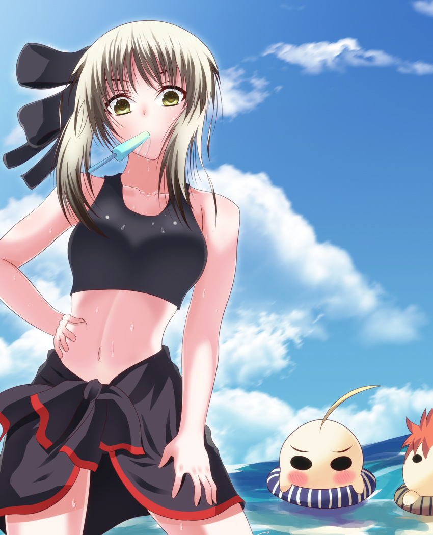 1boy 1girl ahoge artist_request blonde_hair blush breasts clouds emiya_shirou fate_(series) hand_on_hip highres long_hair looking_at_viewer midriff popsicle saber saber_alter thighs wading wet yellow_eyes