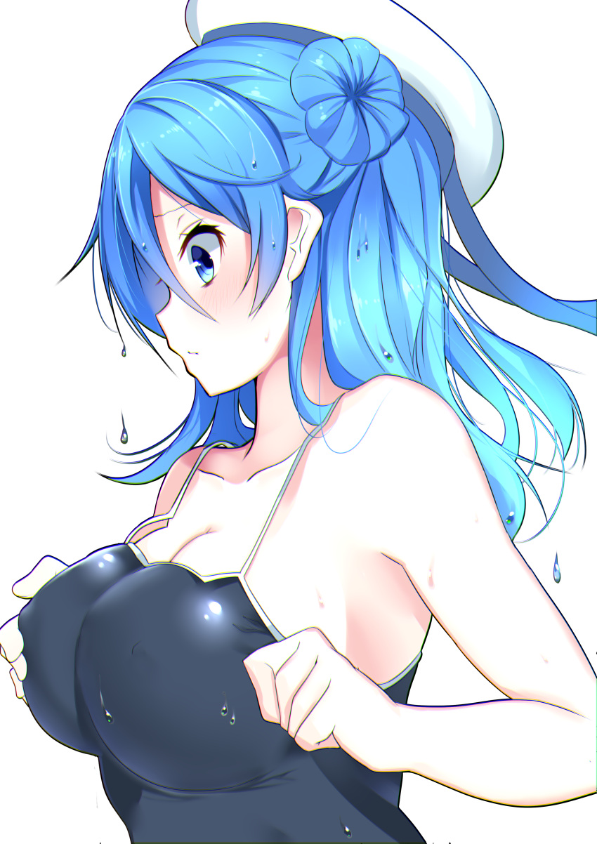 1girl absurdres adjusting_clothes adjusting_swimsuit blue_eyes blue_hair blush breasts chromatic_aberration cleavage collarbone from_side hair_bun hat highres kantai_collection large_breasts long_hair nebu_soku one-piece_swimsuit simple_background solo swimsuit upper_body urakaze_(kantai_collection) wet white_background