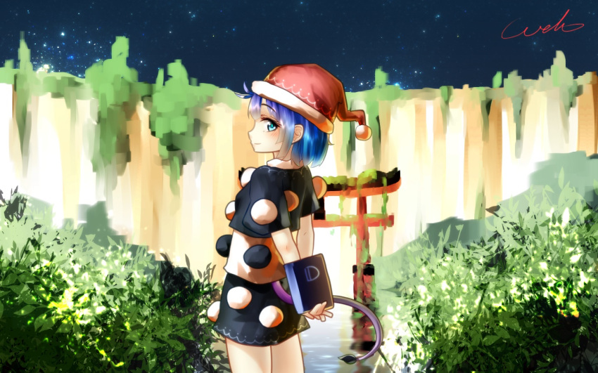 1girl aqua_eyes arms_behind_back black_dress blue_hair blue_sky blush bush cliff cowboy_shot doremy_sweet dress from_side hat lake looking_at_viewer looking_to_the_side nature night night_sky nightcap overgrown pom_pom_(clothes) reflection shiny shiny_hair short_sleeves sidelocks signature sky small_breasts smile solo standing star_(sky) starry_sky tail thighs torii touhou tree u-eruto water white_dress