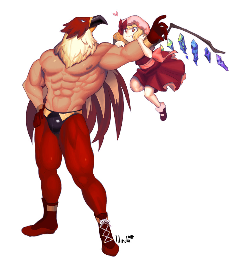 1boy 1girl absurdres ankle_boots arm_holding arm_hug bare_chest blonde_hair blush boots bow crossover crystal dated demon_wings dress fatal_fury flandre_scarlet flying full_body griffon_mask hat heart highres hug lilirulu m.u.g.e.n mark_of_the_wolves mask mob_cap muscle pose red_boots red_dress red_eyes ribbon shirtless shoelaces side_ponytail signature simple_background smile snk spandex the_king_of_fighters the_king_of_fighters_2003 the_king_of_fighters_xi topless touhou vampire white_background wings