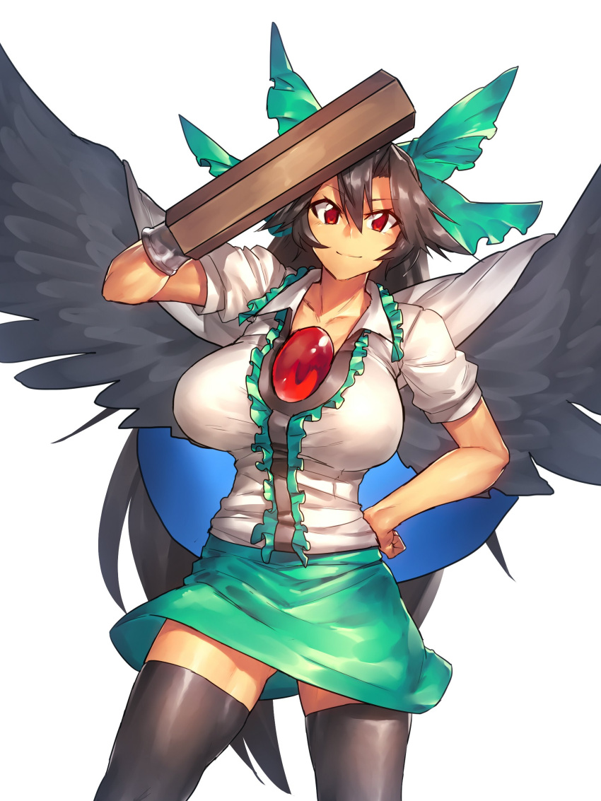 1girl absurdres arm_cannon arm_up bird_wings black_hair black_legwear black_wings bow breasts cape commentary_request cowboy_shot frills green_skirt hair_bow hand_on_hip highres large_breasts long_hair looking_at_viewer puffy_short_sleeves puffy_sleeves red_eyes reiuji_utsuho shirt short_sleeves simple_background skirt smile solo temmasa22 thigh-highs third_eye touhou very_long_hair weapon white_background white_shirt wings zettai_ryouiki