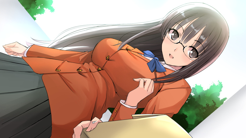 1girl black_eyes black_hair blazer blue_ribbon buttons day glasses highres jacket long_hair long_sleeves looking_to_the_side miracle_hoshi neck_ribbon open_mouth original outdoors ribbon school_uniform skirt smile solo_focus uniform