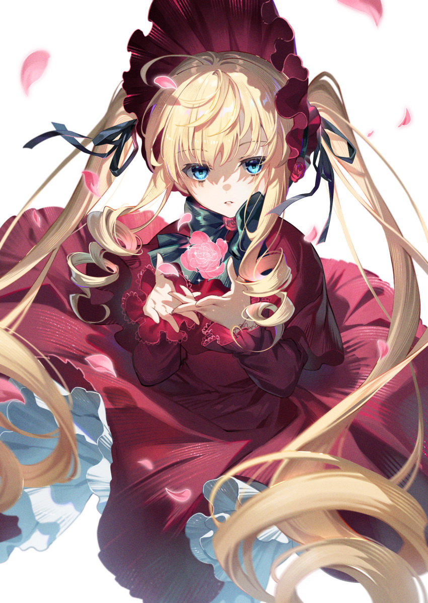 1girl black_ribbon blonde_hair blue_eyes bonnet bow bowtie capelet dress drill_hair ekita_kuro eyebrows_visible_through_hair flower frilled_sleeves frills green_bow green_bowtie highres long_hair long_sleeves looking_at_viewer parted_lips petals red_capelet red_dress red_flower red_headwear red_rose ribbon rose rozen_maiden shinku simple_background solo twin_drills white_background