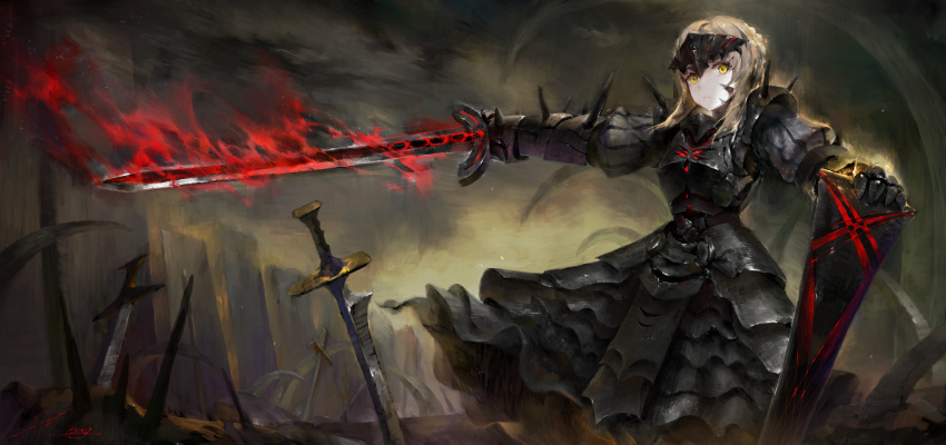 1girl armor armored_dress blonde_hair clouds dark_excalibur fate/stay_night fate_(series) field_of_blades highres hong saber saber_alter solo yellow_eyes