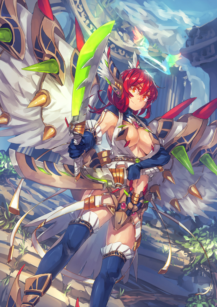1girl absurdres angel_wings bare_shoulders blade blue_gloves blue_legwear breasts cleavage commentary_request cowboy_shot dual_wielding elbow_gloves fantasy gloves halo head_wings highres large_breasts looking_at_viewer navel original red_eyes redhead short_hair smile solo temmasa22 thigh-highs wing_ornament wings