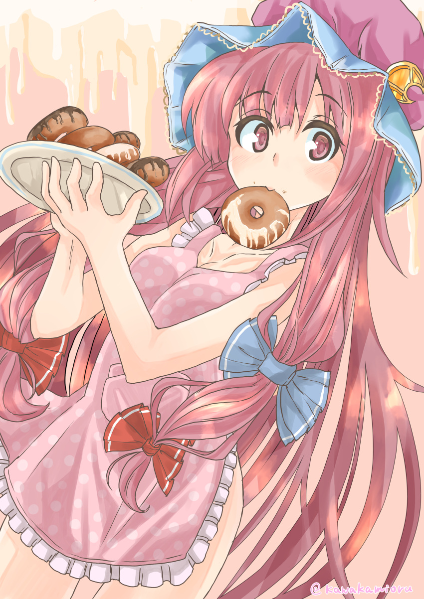 1girl absurdres apron blue_ribbon blush carrying collarbone cowboy_shot crescent crescent_hair_ornament doughnut eyebrows eyebrows_visible_through_hair food food_in_mouth hair_ornament hair_ribbon hat highres jigsaw_(iori) long_hair looking_at_viewer mouth_hold naked_apron patchouli_knowledge plaid polka_dot purple_hair red_ribbon ribbon solo touhou tress_ribbon twitter_username very_long_hair violet_eyes