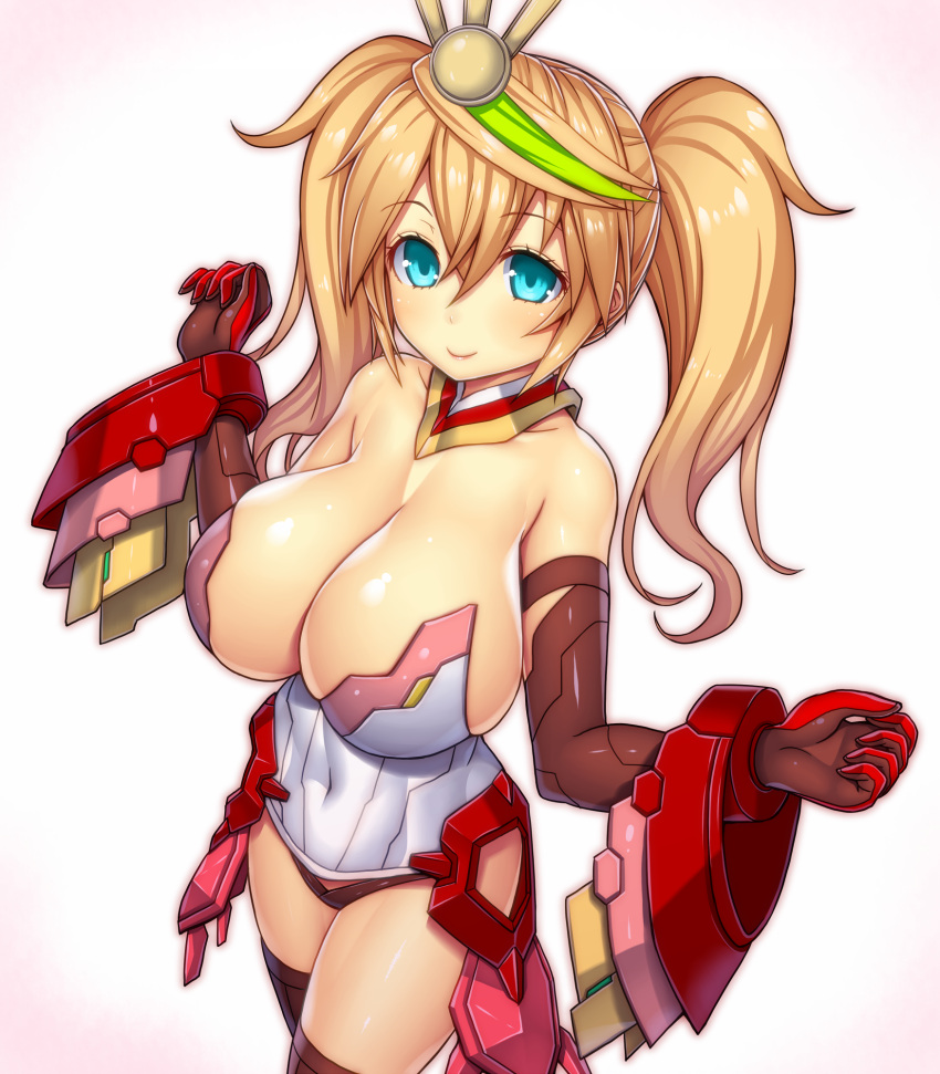 1girl aqua_eyes asamura_hiori bare_shoulders black_legwear blonde_hair blush breasts cleavage elbow_gloves gene_(pso2) gloves green_hair hair_between_eyes hair_ornament highres large_breasts long_hair looking_at_viewer multicolored_hair phantasy_star phantasy_star_online_2 simple_background smile solo thigh-highs twintails white_background