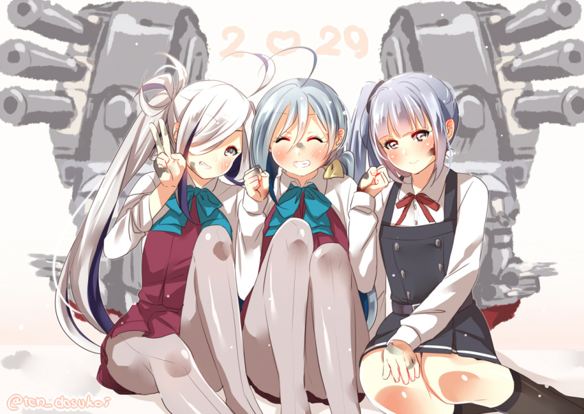 3girls ahoge asashimo_(kantai_collection) belt black_eyes blue_hair bow bowtie cannon closed_eyes dated dirty dirty_face dress grey_hair grey_legwear grin hair_over_one_eye hair_ribbon hand_on_leg juurouta kantai_collection kasumi_(kantai_collection) kiyoshimo_(kantai_collection) kneehighs long_hair long_sleeves looking_at_viewer low_twintails machinery multicolored_hair multiple_girls pantyhose ponytail purple_hair purple_legwear remodel_(kantai_collection) ribbon school_uniform side_ponytail silver_hair sitting sleeveless sleeveless_dress smile soot suspenders twintails twitter_username v white_blouse yokozuwari