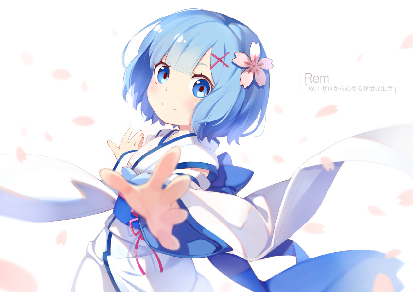 1girl absurdres bangs blue_eyes blue_hair blunt_bangs blurry blush closed_mouth depth_of_field detached_sleeves ello flat_chest flower from_side hair_flower hair_ornament highres japanese_clothes kimono looking_at_viewer looking_to_the_side outstretched_arms pink_flower rareme re:zero_kara_hajimeru_isekai_seikatsu rem_(re:zero) ribbon sash short_hair sleeveless sleeveless_kimono smile solo upper_body x_hair_ornament younger