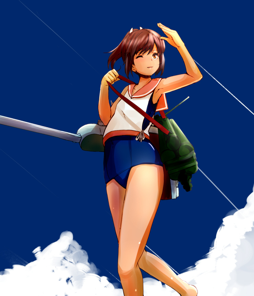 1girl armpits blue_sky brown_eyes brown_hair clouds dearmybrothers hair_ornament hairclip highres i-401_(kantai_collection) kantai_collection machinery one-piece_swimsuit one_eye_closed ponytail sailor_collar school_swimsuit school_uniform serafuku shading_eyes short_ponytail sky solo swimsuit swimsuit_under_clothes tan tanline