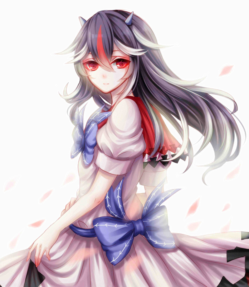 1girl alternate_hair_length alternate_hairstyle black_hair bow dress dress_grab from_side half-closed_eyes hand_on_own_stomach highres horns kijin_seija light_smile long_hair looking_at_viewer looking_to_the_side puffy_short_sleeves puffy_sleeves red_eyes redhead sheya short_sleeves simple_background solo touhou white_dress white_hair