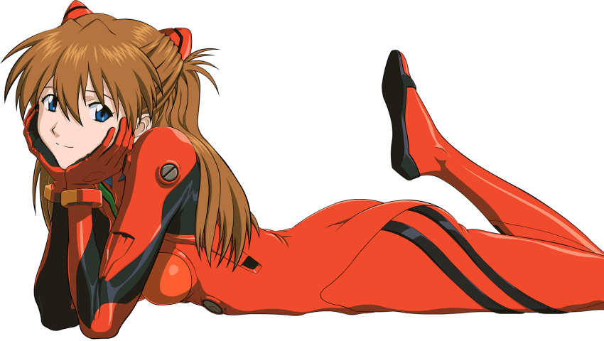 1girl ass bangs blue_eyes bodysuit bracer brown_hair chin_rest closed_mouth from_side fukano_youichi gloves hair_between_eyes hair_ornament hands_on_own_cheeks hands_on_own_face headgear highres leg_up light_smile long_hair looking_at_viewer lying neon_genesis_evangelion official_art on_stomach pilot_suit plugsuit simple_background skin_tight small_breasts smile solo souryuu_asuka_langley two_side_up white_background
