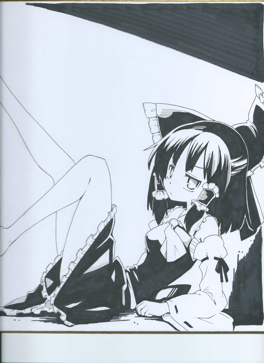 1girl bangs bare_legs bow detached_sleeves frilled_skirt frills futa4192 hair_bow hair_tubes hakurei_reimu highres knee_up leaning_back legs_up looking_at_viewer monochrome neckerchief nontraditional_miko skirt solo touhou traditional_media wide_sleeves